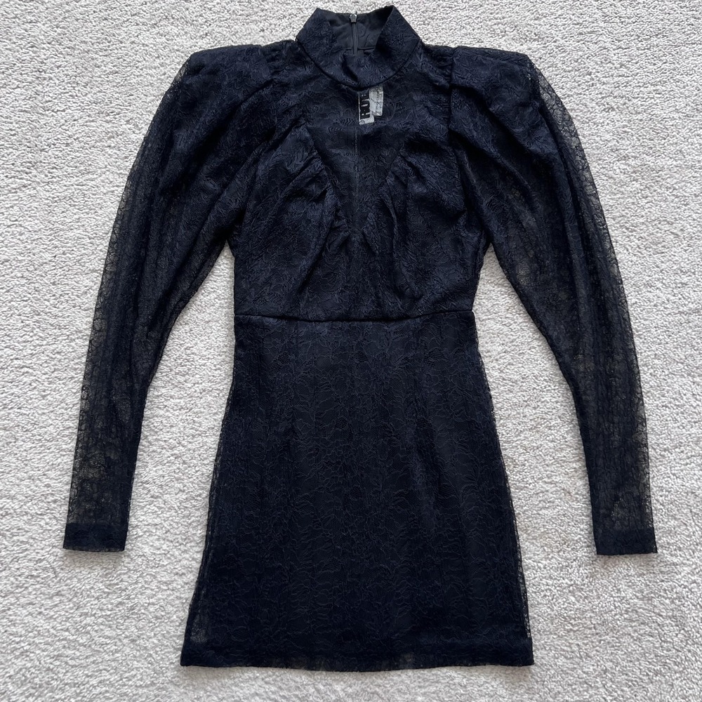 ROTATE Birger Christensen Ida Gathering Lace Mini Dress Womens 2 Black
